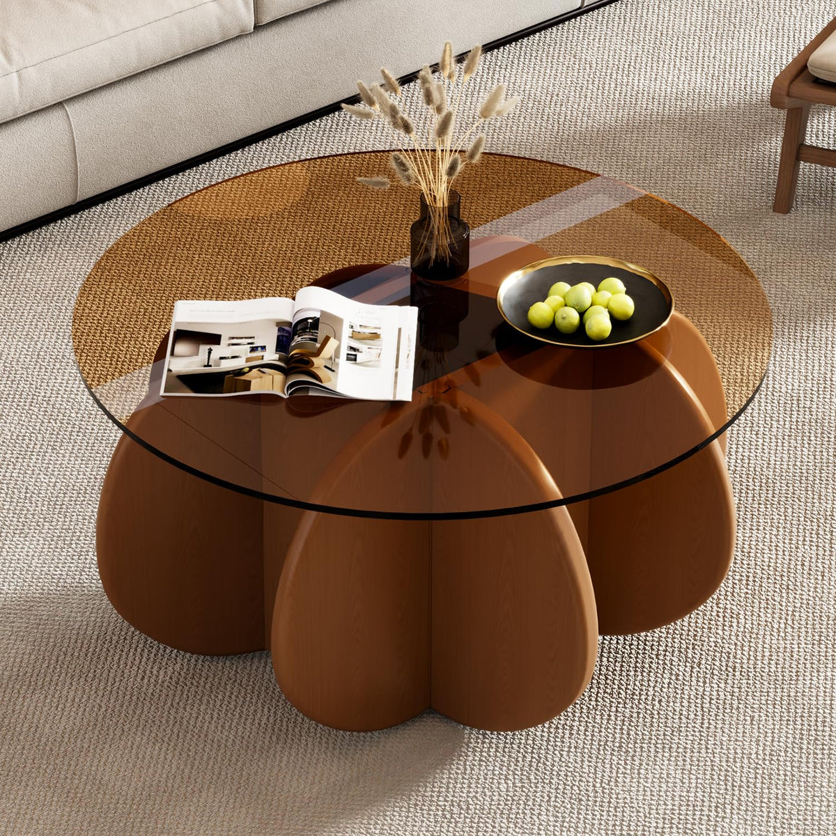 31.5'' Round Coffee Table with Tempered Glass Top, Modern Center Table for Small Spaces - Sturdy Walnut Board Frame, Simple Design for Living Room, Home, Office - Easy Assembly. (Walnut + Brown)