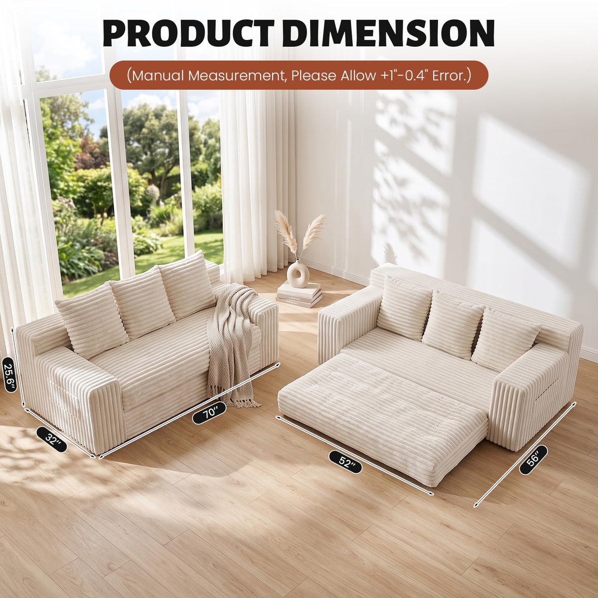 Small Boneless Couch, Boneless Loveseat Convertible Sofa Bed Sleeper Sofa Couch Bed with 2 Pillows, Corduroy Folding Floor Futon Foldable Boneless Couch for Living Room, Guest Room, Small Space, Black