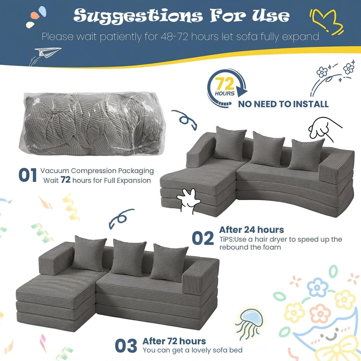 Modular Kids Play Couch, Convertible Toddler Sectional Sofa, Soft Cloud Corduroy Kids Sofa Bed with 3 Pillows, Safe No Edge Foam Play Furniture for Boys Girls Playroom Bedroom