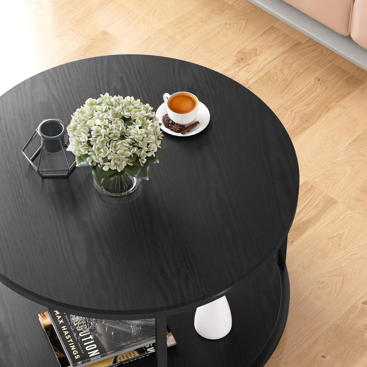 NSdirect Round Coffee Table,36" Coffee Table for Living Room,2-Tier Rustic Wood Desktop with Storage Shelf Modern Design Home Furniture(Light Walnut)