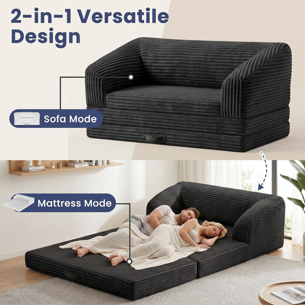 Convertible Folding Sofa Bed, 2-in-1 Single Boneless Sofa with Soft Corduroy & Ultra-Thick Backrest, Foldable Boneless Chair Lounger Sleeper Sofa for Small Apartment, Living Room, Home Office