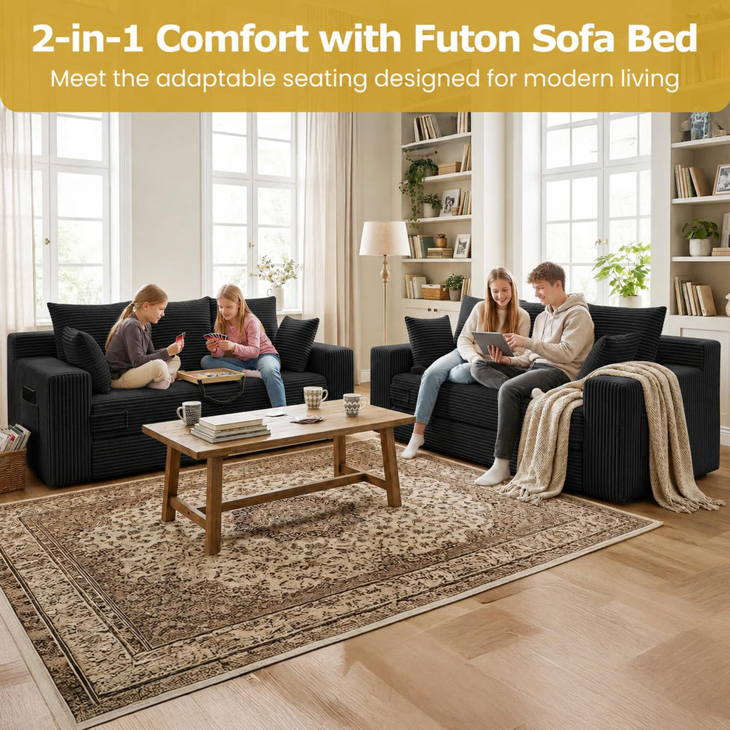 cidludto Convertible Sofa Bed, 3 in 1 Loveseat Folding Couch Bed Foldable - Chaise Lounge Chair & Floor Futon Sofa, Corduroy Pull Out Sofa Bed with 4 Pillows for Living Room, Beige