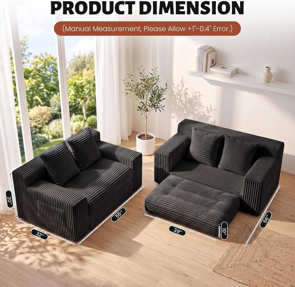 Small Boneless Couch, Boneless Loveseat Convertible Sofa Bed Sleeper Sofa Couch Bed with 2 Pillows, Corduroy Folding Floor Futon Foldable Boneless Couch for Living Room, Guest Room, Small Space, Black