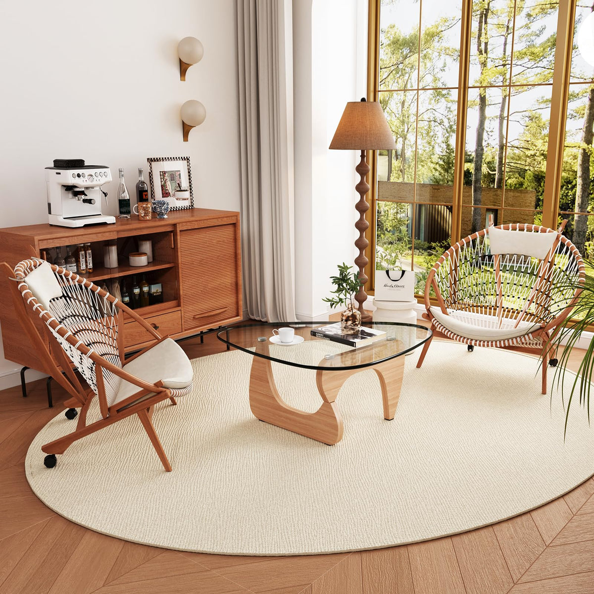 Coffee Tables Glass Small Farmhouse Coffee Table Mid-Century Modern Wood Center Table for Living Room, Walnut Transparent, 32 Inch