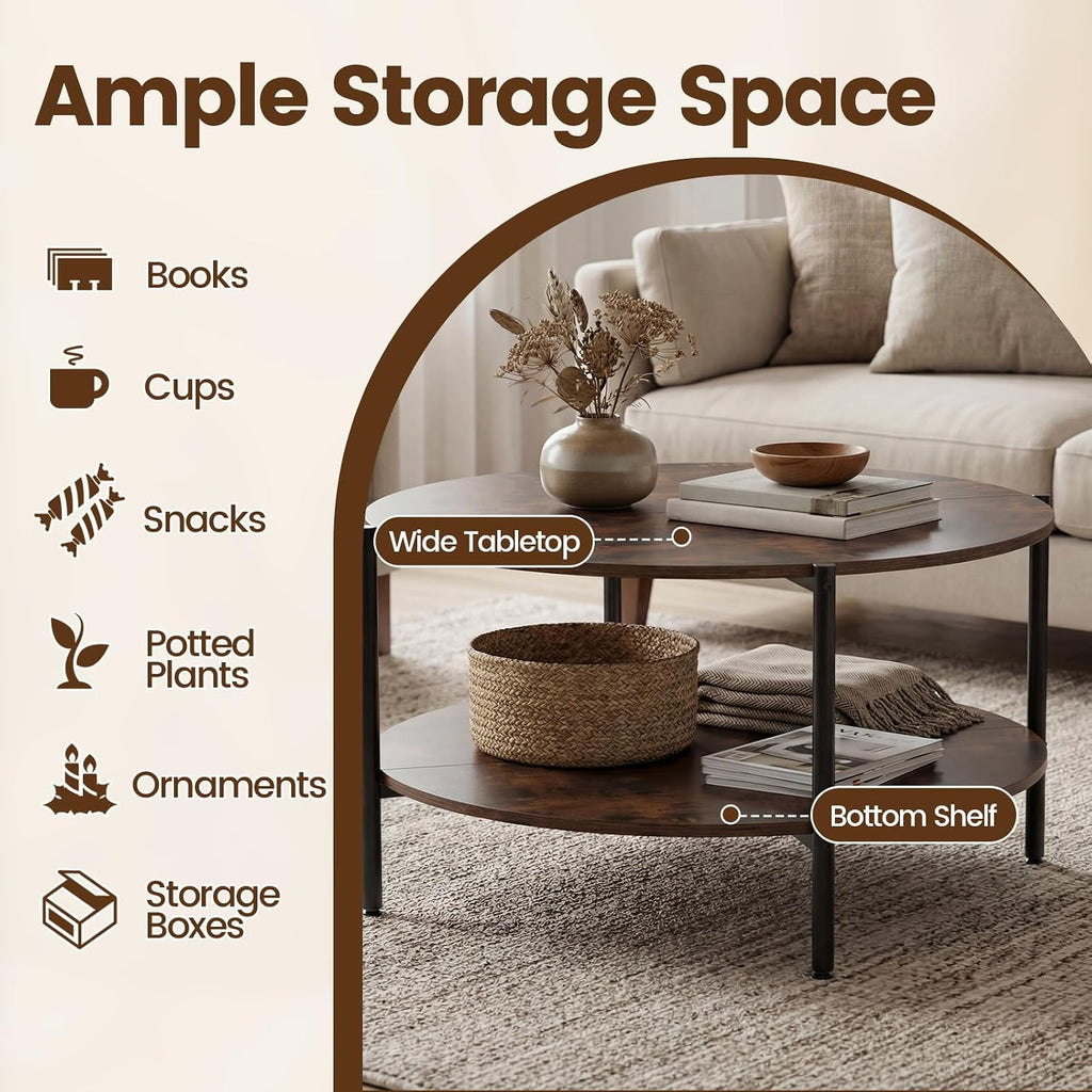 COSTWAY 33.5-inch Wooden Round Coffee Table with Open Storage Shelf, Heavy Duty Metal Frame, 2-Tier Industrial Circle Cocktail Accent Table for Living Room Apartment, Rustic Brown