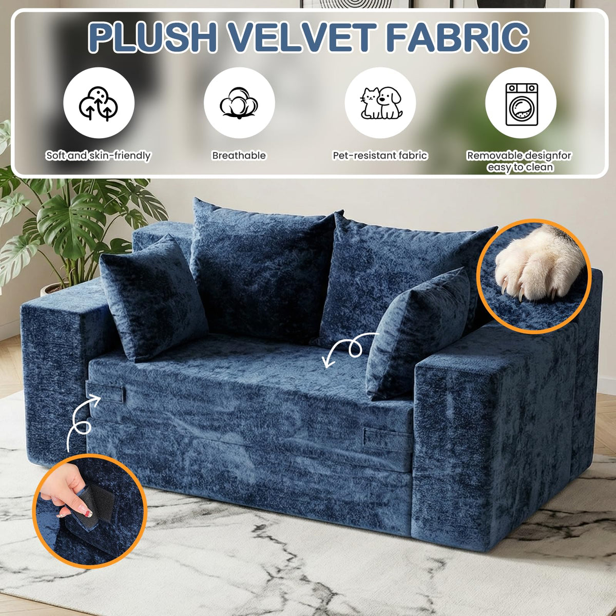 55" Small Boneless Couch, 3-in-1 Boneless Loveseat Sleeper Sofa Bed Convertible Sofa Bed with 4 Pillows, Black Corduroy Boneless Couch for Living Room, Guest Room, Small Space, No Assembly Required