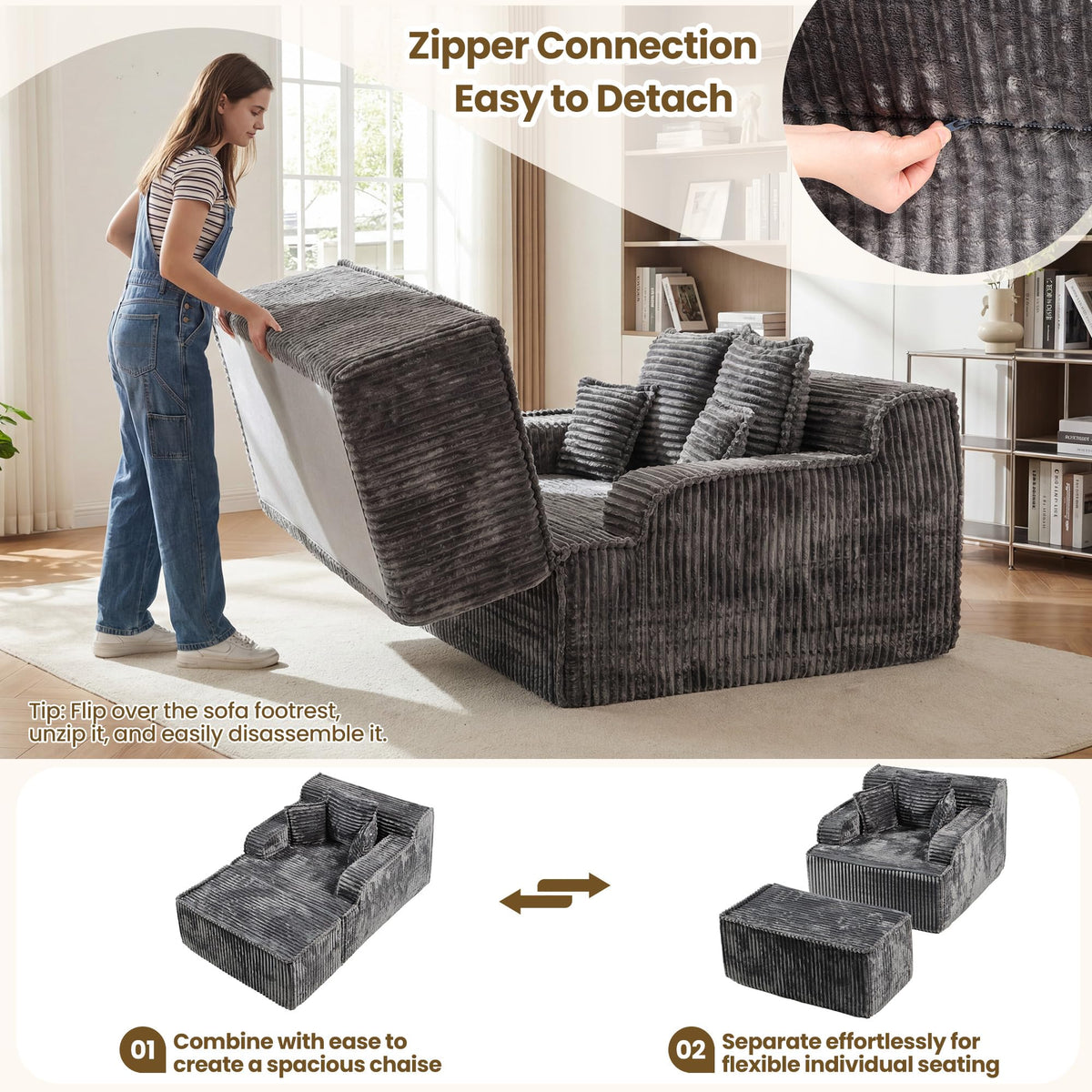 Chaise Lounge Chair Indoor,Boneless Chair with Ottoman,Comfy Reading Chair for Adults,Small Sofa Bed Couch for Living Room,Single Sleeper Chair Bed,Beige