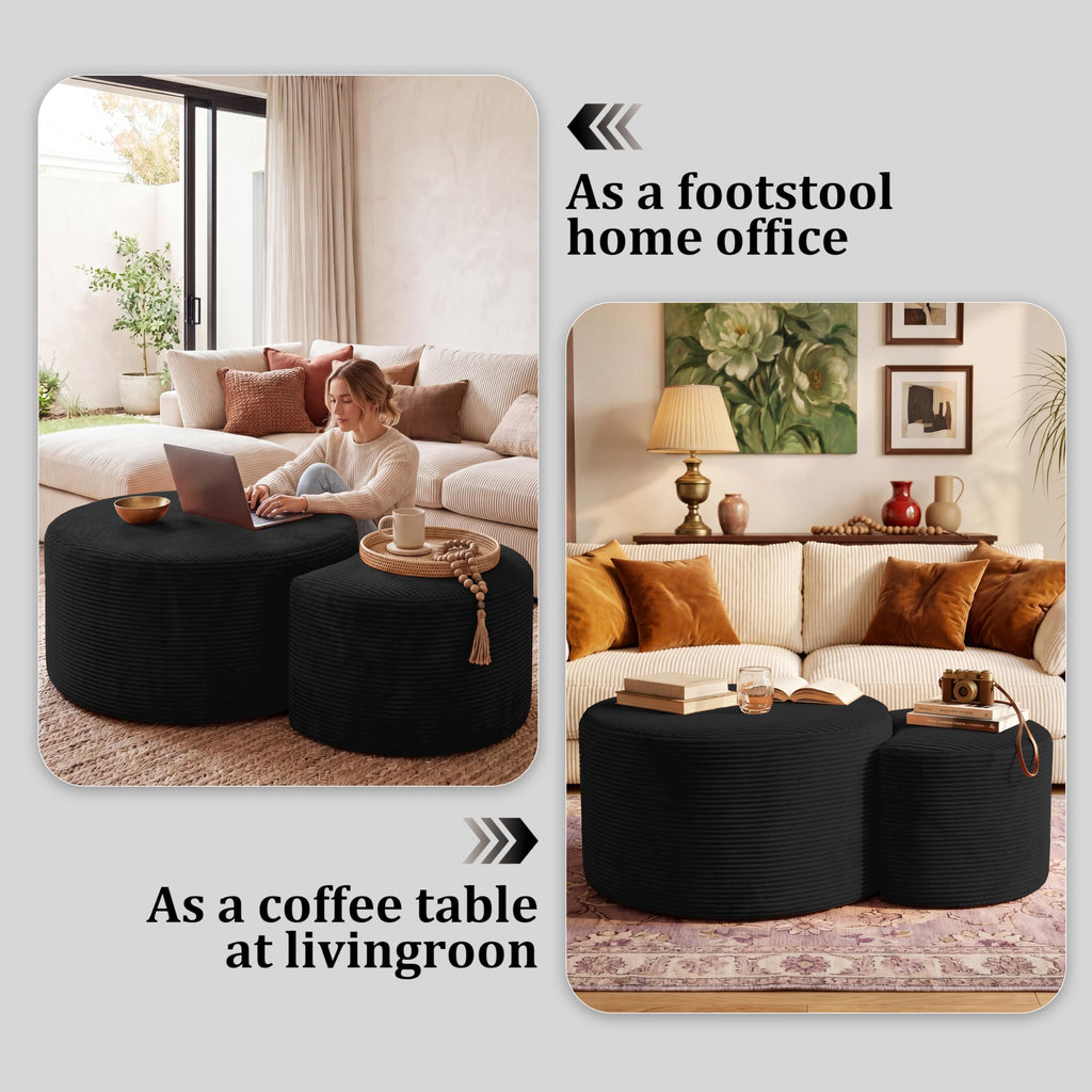BSHOMGI Nesting Coffee Table Set of 2,Corduroy Ottoman Soft Foot Rest Movable LargePouf Footstool for Living Room Sofa Couch Bedroom Entryway and Small Spaces No Assembly (Blue, 32"+17")