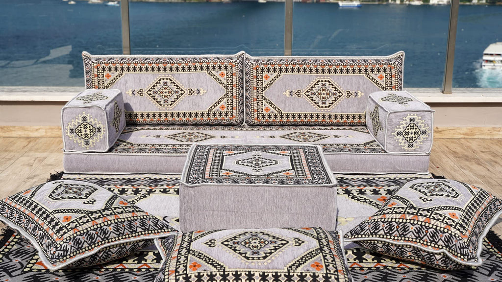 Gray L Shaped Pallet Cushions, Arabic Floor Sofa Set, Oriental Floor Seating, Sectional Floor Cushion, Indoor Floor Pillows, Arabic Majlis Set, Sofa Bed (U Sofa + Rug + Ottoman, 8'' Thickness (20 cm))