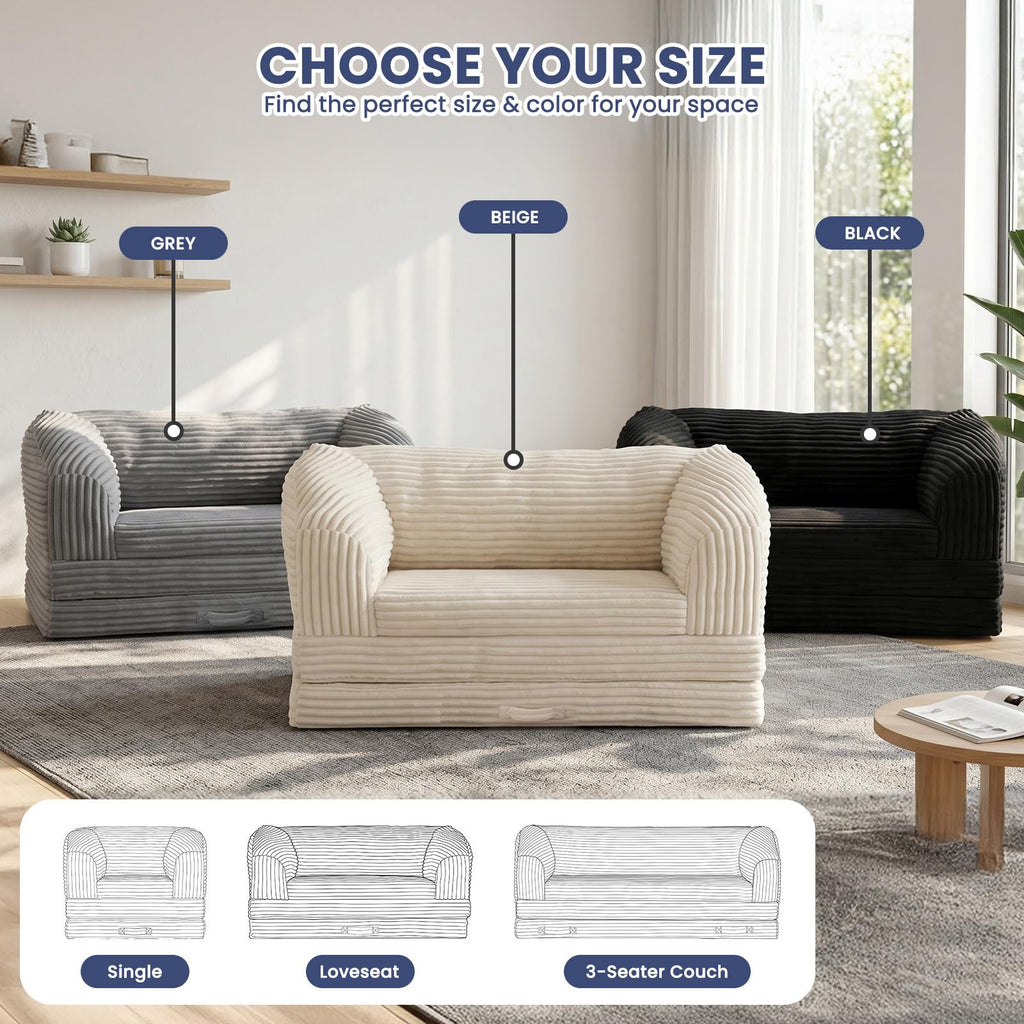 Convertible Folding Sofa Bed, 2-in-1 Single Boneless Sofa with Soft Corduroy & Ultra-Thick Backrest, Foldable Boneless Chair Lounger Sleeper Sofa for Small Apartment, Living Room, Home Office