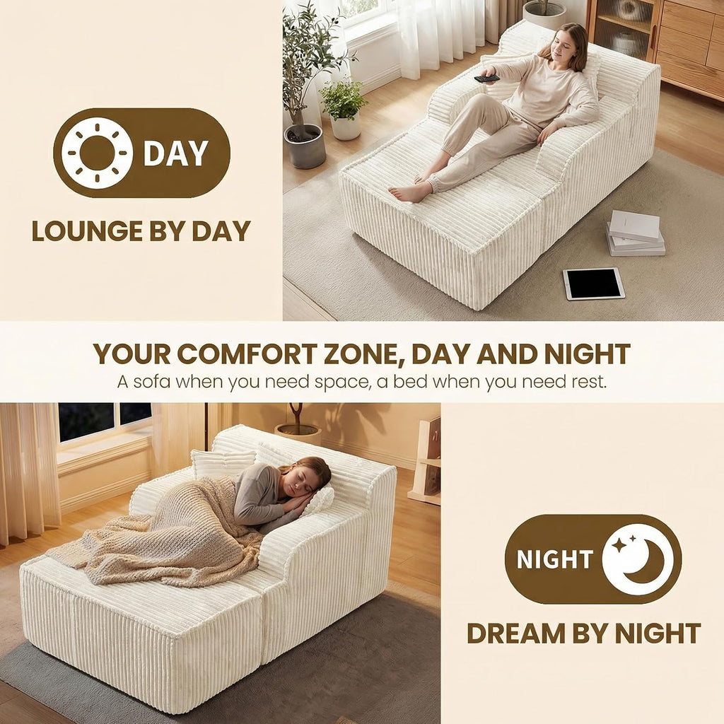 Chaise Lounge Chair Indoor,Boneless Chair with Ottoman,Comfy Reading Chair for Adults,Small Sofa Bed Couch for Living Room,Single Sleeper Chair Bed,Beige
