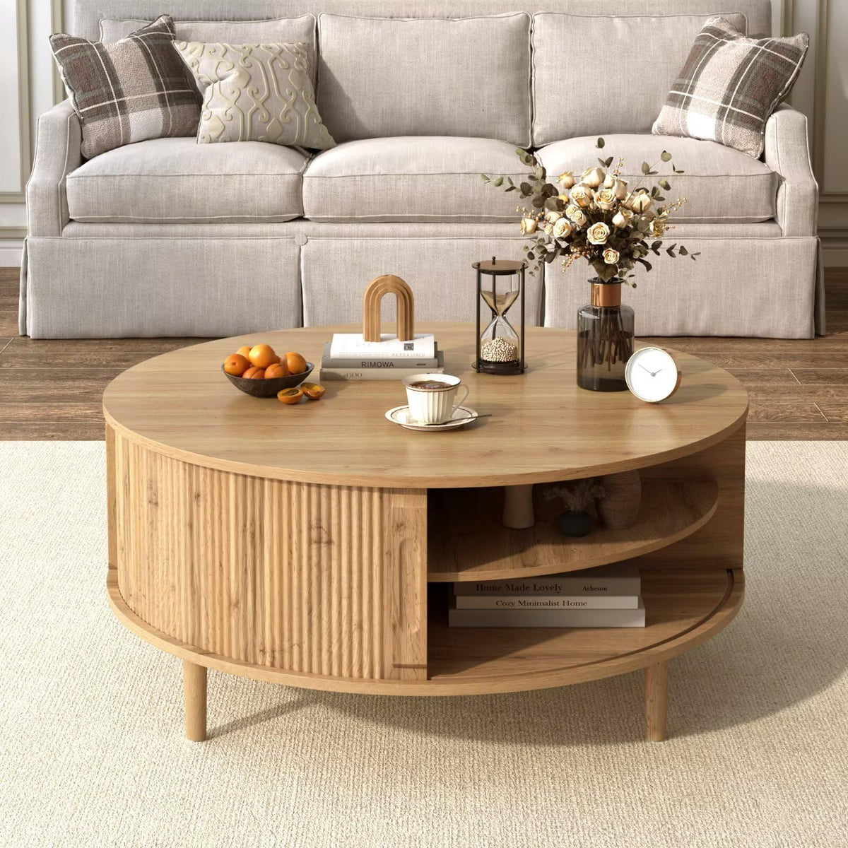 Round Lift Top Coffee Table, 39.4 Inch Minimalist Fluted Walnut Wood Cocktail Table with Hidden Divided Storage & Dual-Tier Open Side Shelves, Dark Walnut Finish Circular Living Room Center Table