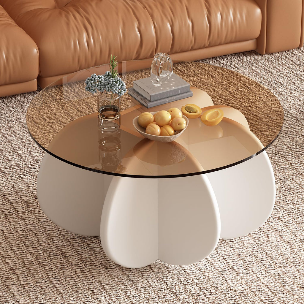 31.5'' Round Coffee Table with Tempered Glass Top, Modern Center Table for Small Spaces - Sturdy Walnut Board Frame, Simple Design for Living Room, Home, Office - Easy Assembly. (Walnut + Brown)