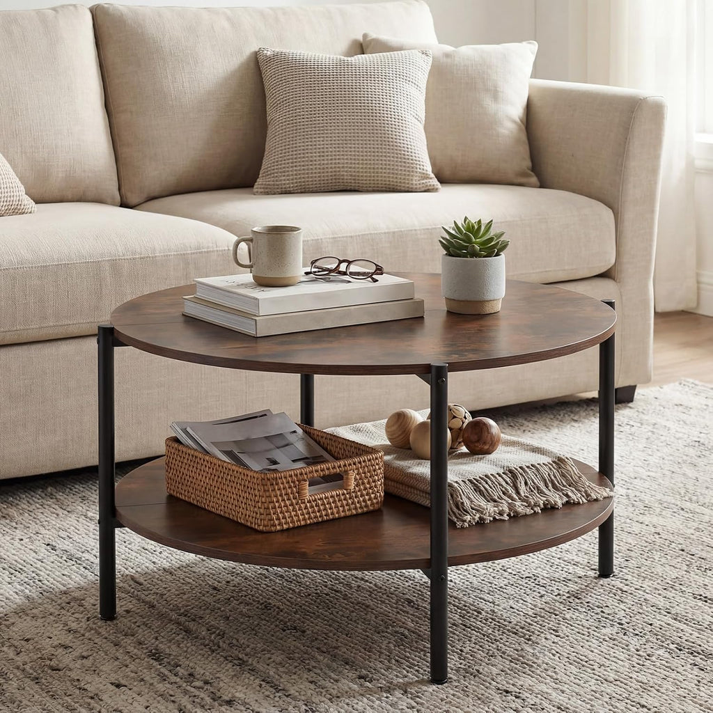 COSTWAY 33.5-inch Wooden Round Coffee Table with Open Storage Shelf, Heavy Duty Metal Frame, 2-Tier Industrial Circle Cocktail Accent Table for Living Room Apartment, Rustic Brown