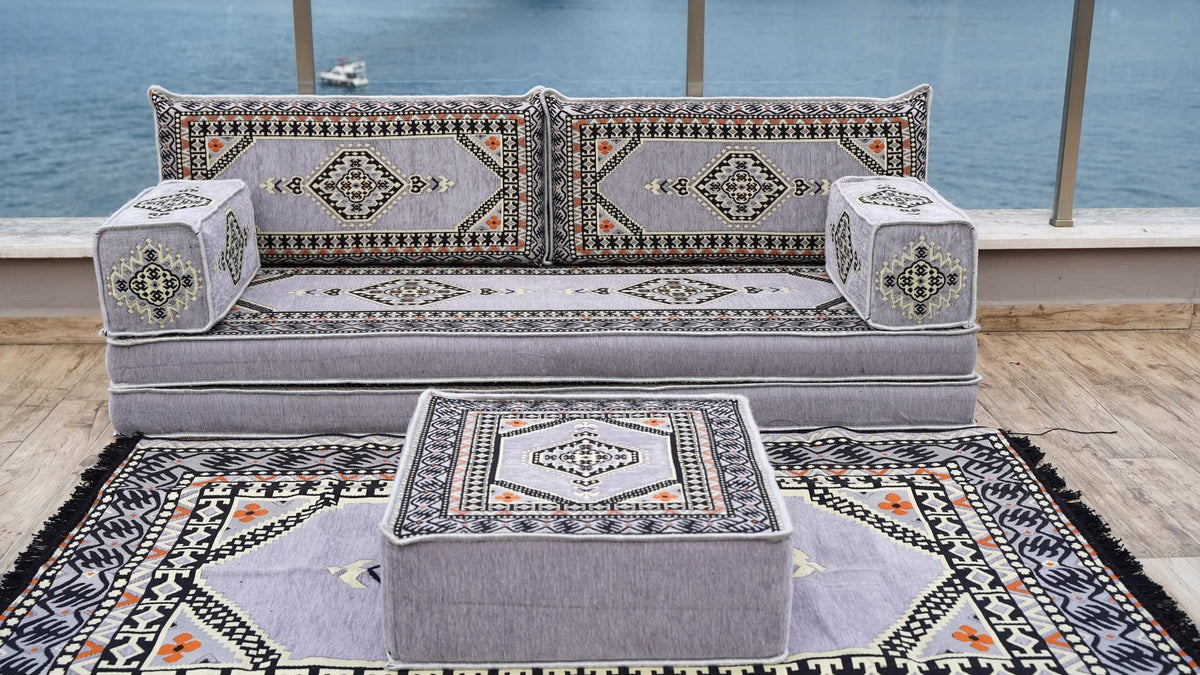 Gray L Shaped Pallet Cushions, Arabic Floor Sofa Set, Oriental Floor Seating, Sectional Floor Cushion, Indoor Floor Pillows, Arabic Majlis Set, Sofa Bed (U Sofa + Rug + Ottoman, 8'' Thickness (20 cm))