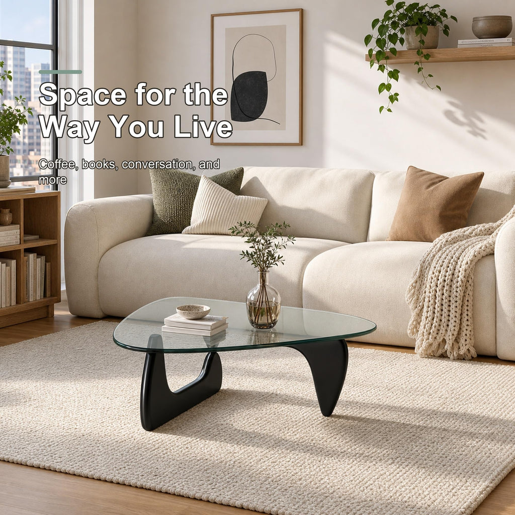 EASYSOUL Modern Glass Coffee Table, 32.68" D x 22.44" W x 15.75" H, Abstract Round Tea Tables for Living Room Home Office Industrial Cocktail Tables (Walnut-Brown Glass, 32.68")