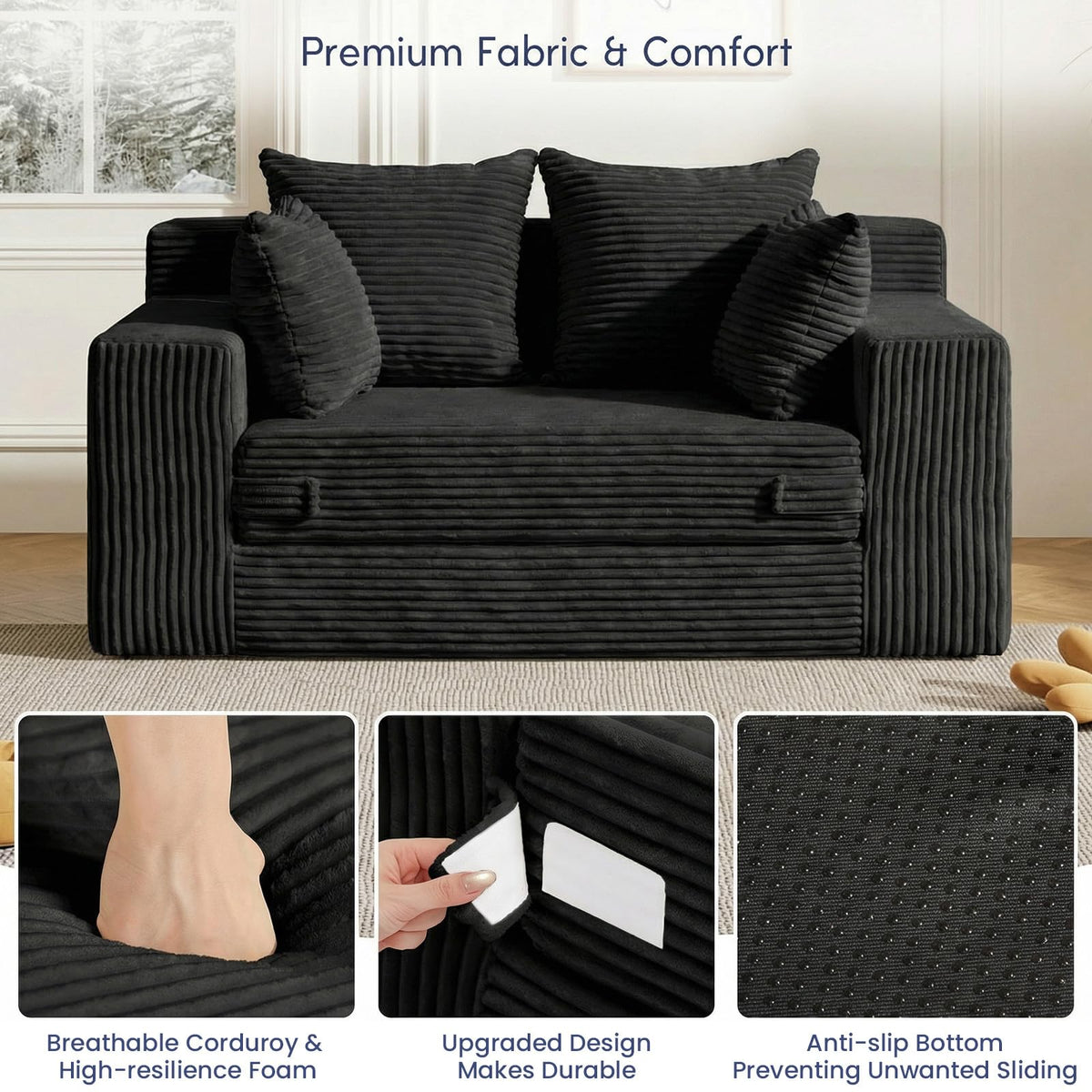 cidludto Convertible Sofa Bed, 3 in 1 Loveseat Folding Couch Bed Foldable - Chaise Lounge Chair & Floor Futon Sofa, Corduroy Pull Out Sofa Bed with 4 Pillows for Living Room, Beige