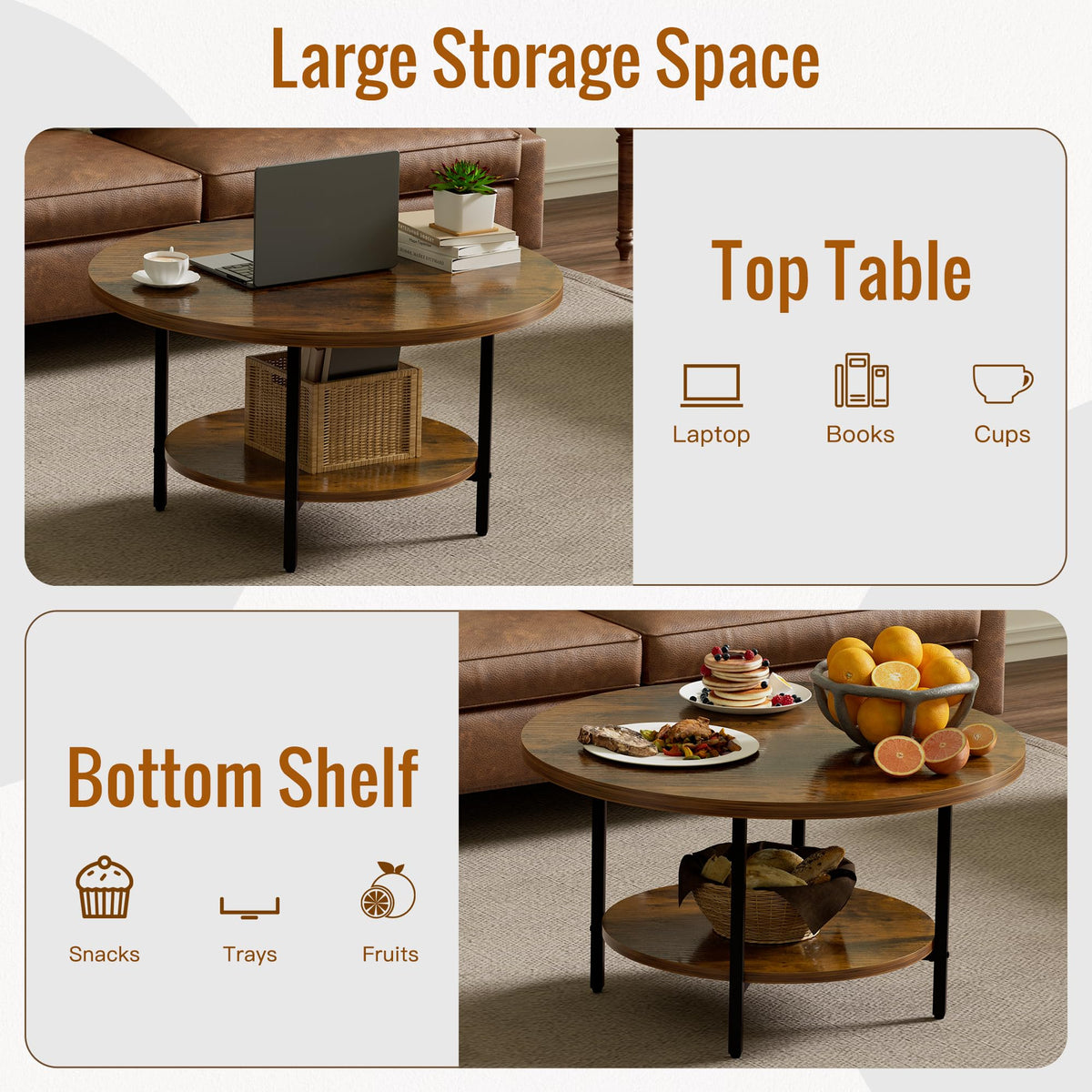 Coffee Tables for Living Room, 27.6" Round Coffee Table, Black Coffee Table
