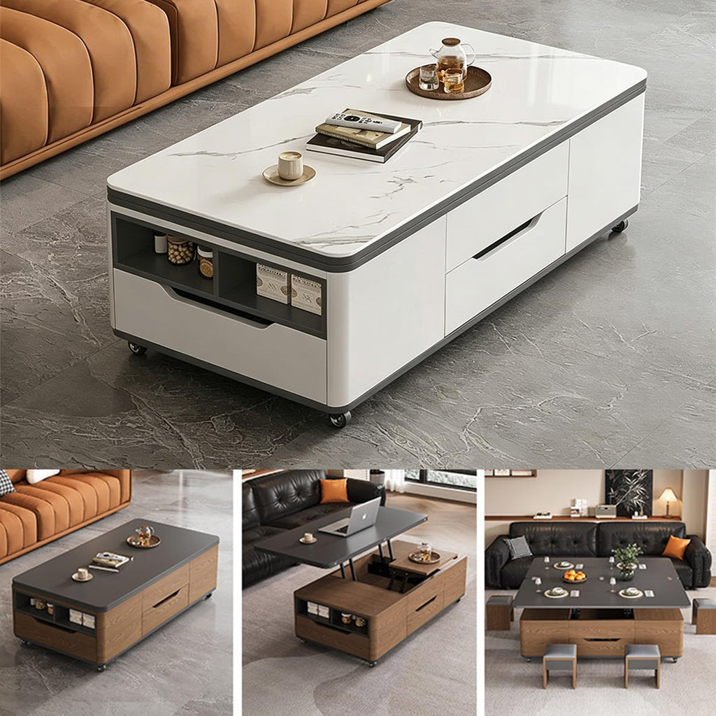 3âinâ1 LiftâTop CoffeeâTable with Storage Drawers & Rolling Casters