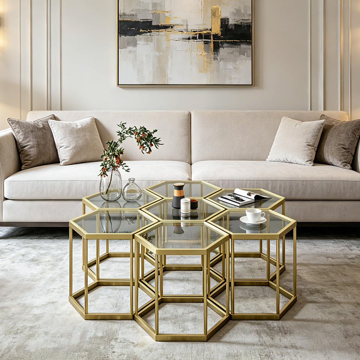 Hexagonal Modular Coffee Table, Gold Plated Frame, Tempered Glass Top, Geometric Accent Side Table, Multi-Purpose Nesting Table for Living Room Bedroom, Set of 3