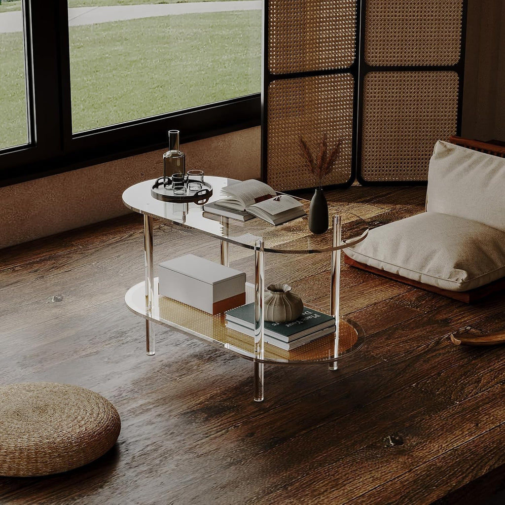 HMYHUM Acrylic Oval Coffee Table, 2-Tier Clear Table with Rattan Storage Shelf, Modern Centre Table for Living Room, Bedroom, Office, Reception Room, 31.5" L Ã 15.7" W Ã 17.7" H