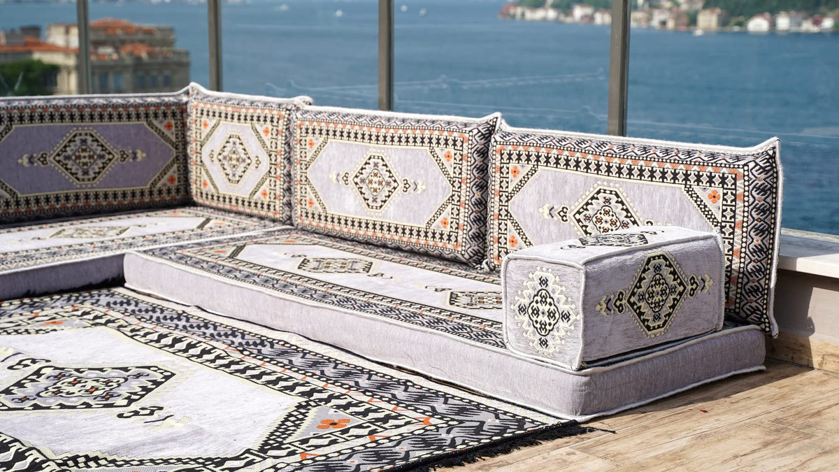 Gray L Shaped Pallet Cushions, Arabic Floor Sofa Set, Oriental Floor Seating, Sectional Floor Cushion, Indoor Floor Pillows, Arabic Majlis Set, Sofa Bed (U Sofa + Rug + Ottoman, 8'' Thickness (20 cm))