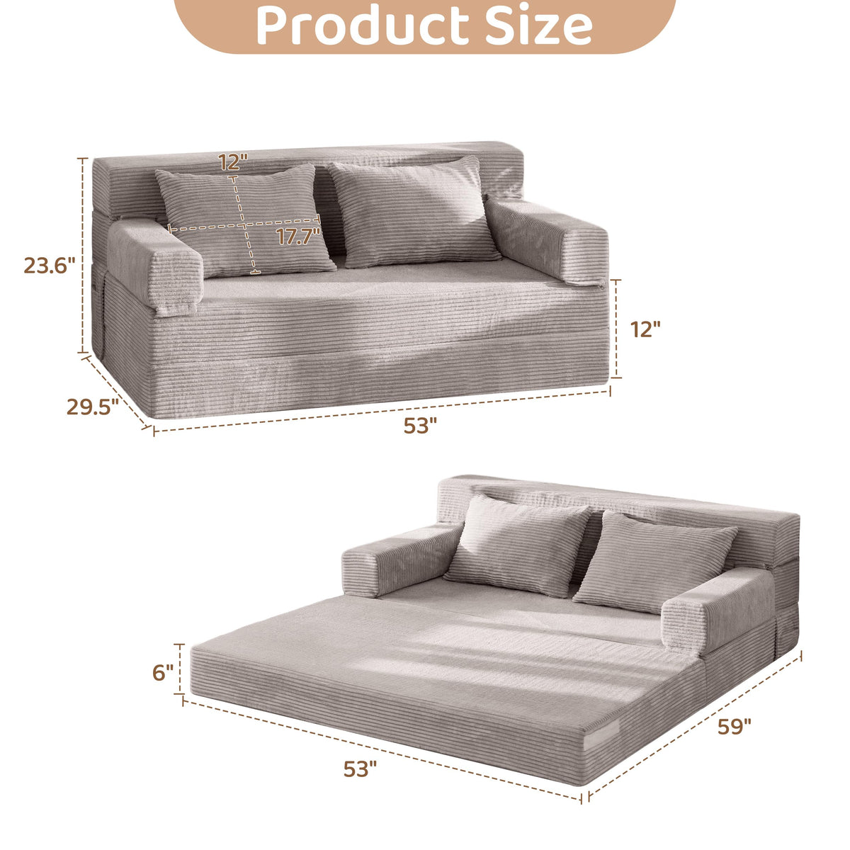 BYBYME Convertible Sofa Bed, 6â Thick 3-Folding Floor Sofa, 53â Loveseat