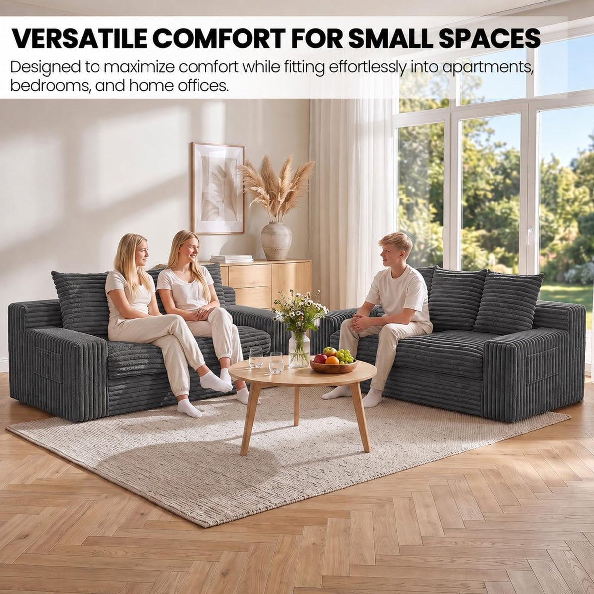 Small Boneless Couch, Boneless Loveseat Convertible Sofa Bed Sleeper Sofa Couch Bed with 2 Pillows, Corduroy Folding Floor Futon Foldable Boneless Couch for Living Room, Guest Room, Small Space, Black