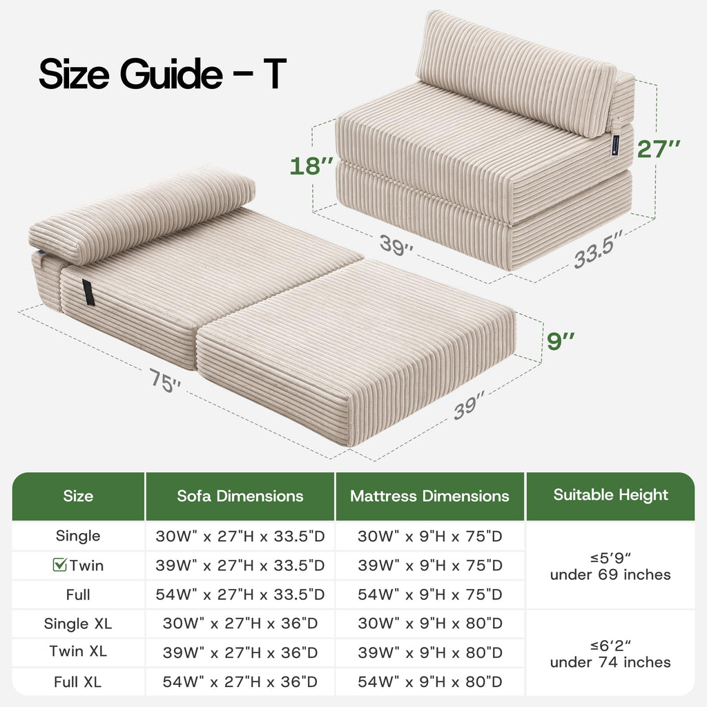 Folding Sofa Bed Convertible 4 in 1 Sleeper Chair Black Single