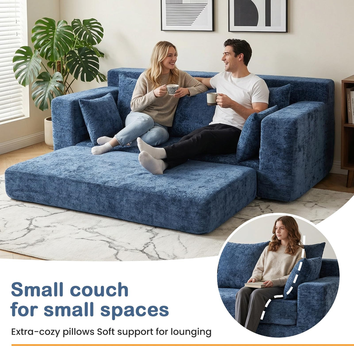 55" Small Boneless Couch, 3-in-1 Boneless Loveseat Sleeper Sofa Bed Convertible Sofa Bed with 4 Pillows, Black Corduroy Boneless Couch for Living Room, Guest Room, Small Space, No Assembly Required