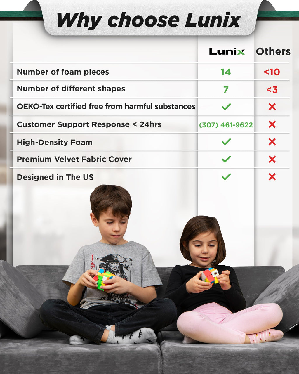 Lunix Modular Kids Play Couch, 14-Piece Fort Building & Climbing Foam Set
