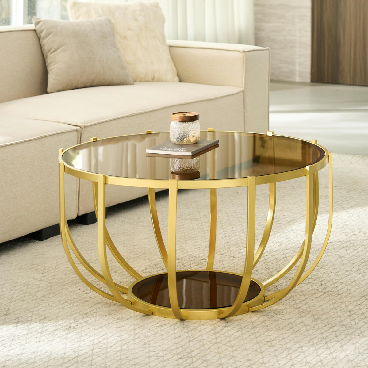 Saint Mossi Gold Round Coffee Table with Clear Glass Top and Glass Shelf