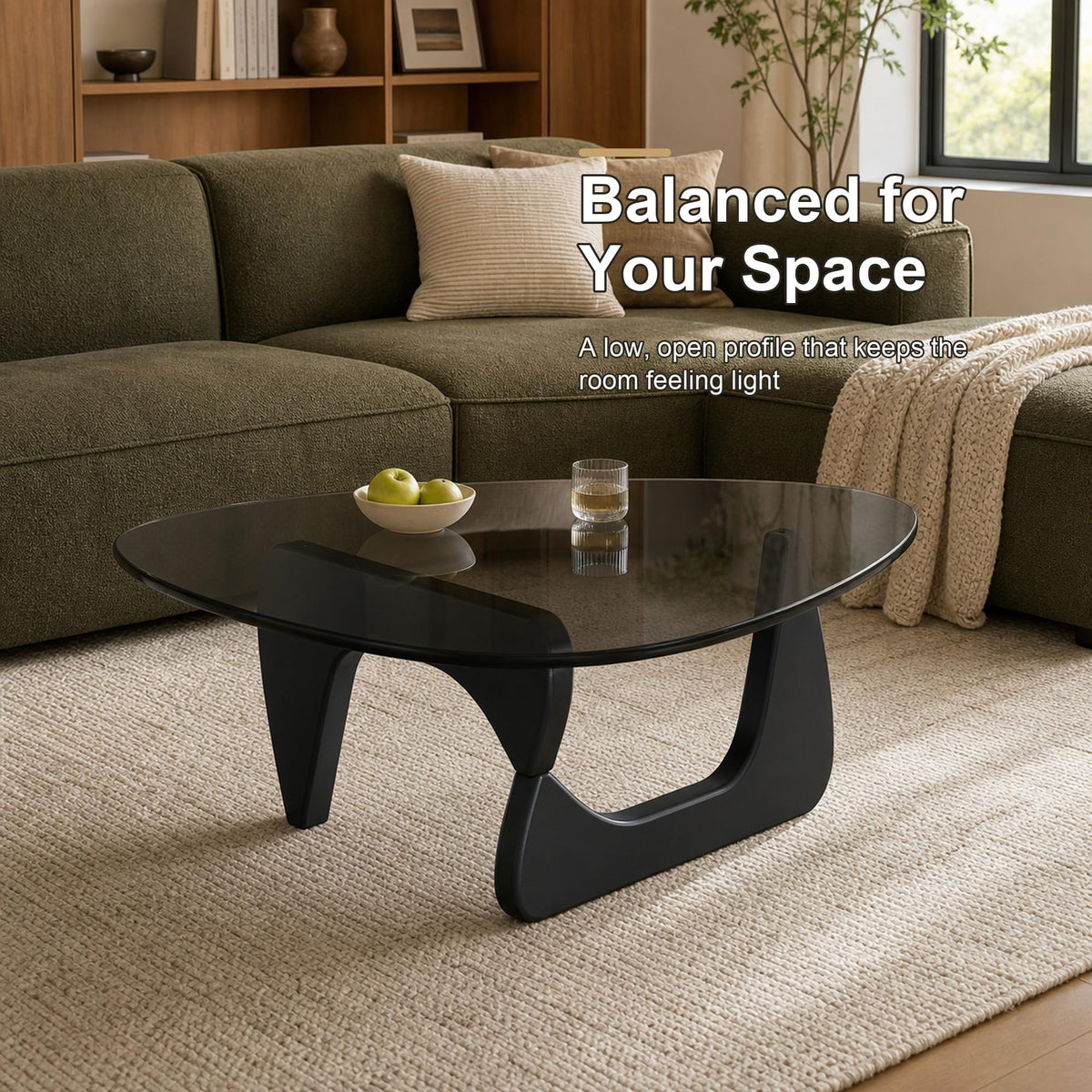 EASYSOUL Modern Glass Coffee Table, 32.68" D x 22.44" W x 15.75" H, Abstract Round Tea Tables for Living Room Home Office Industrial Cocktail Tables (Walnut-Brown Glass, 32.68")