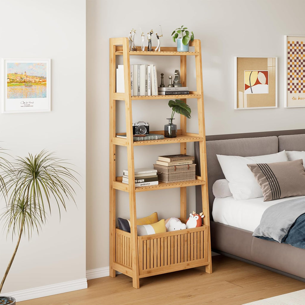 Bamjoy Bamboo Ladder Shelf, Bookshelf with 4 Display Shelves and 1 Open Storage Basket, Multifunctional Storage Rack Organizer for Home Office, Bedroom, Living Room, 66â H Natural