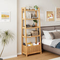 Bamjoy Bamboo Ladder Shelf, Bookshelf with 4 Display Shelves and 1 Open Storage Basket, Multifunctional Storage Rack Organizer for Home Office, Bedroom, Living Room, 66â H Natural