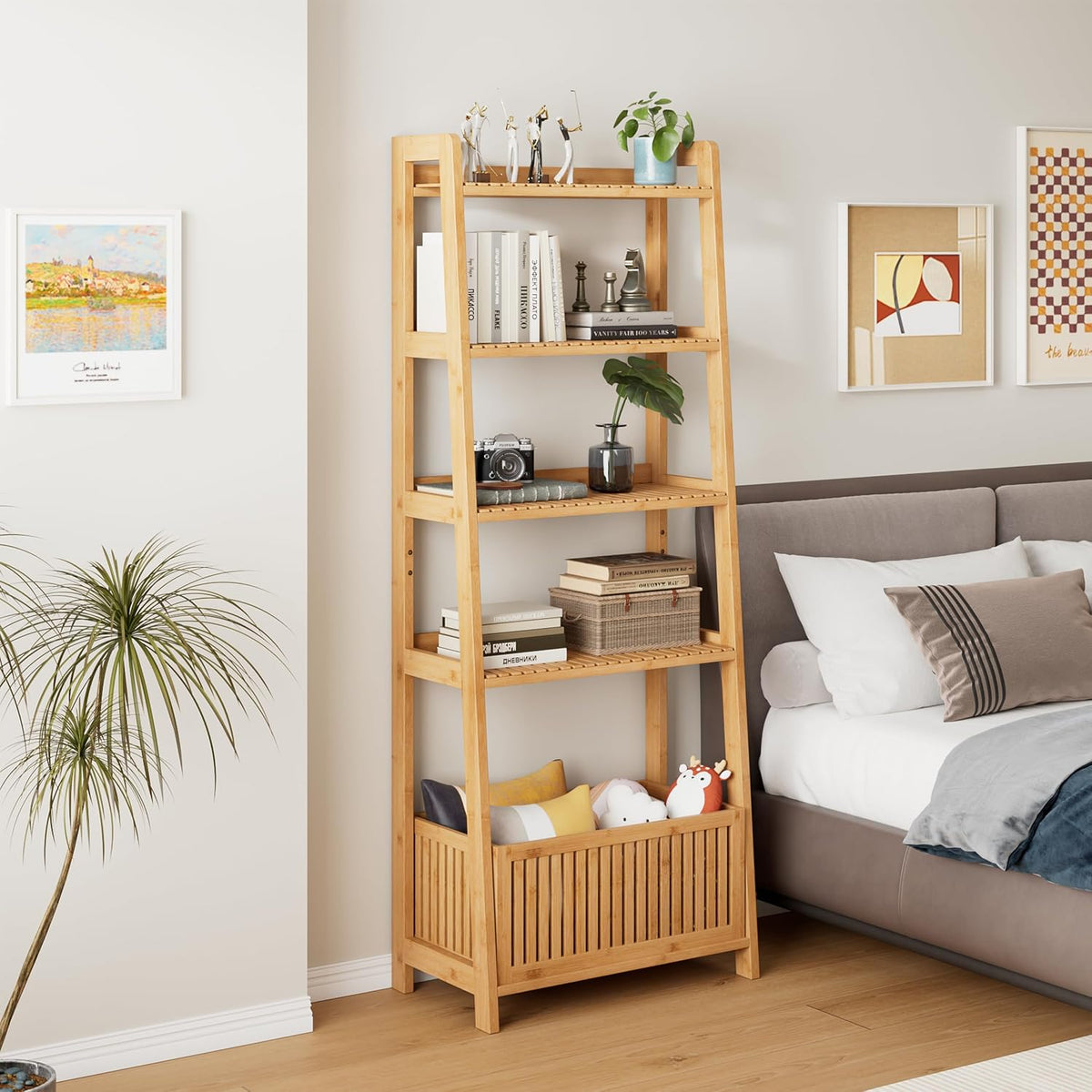 Bamjoy Bamboo Ladder Shelf, Bookshelf with 4 Display Shelves and 1 Open Storage Basket, Multifunctional Storage Rack Organizer for Home Office, Bedroom, Living Room, 66â H Natural