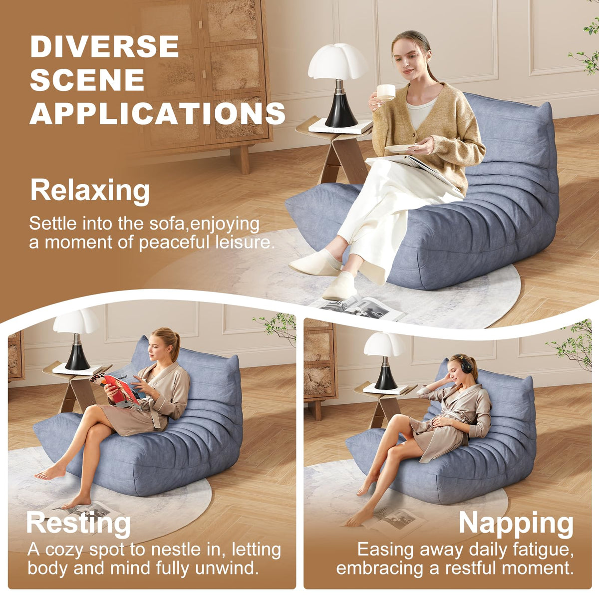 Full Foam 3-Seater Sofa, Bean Bag Floor Couch for Adults, Waterproof Fabric