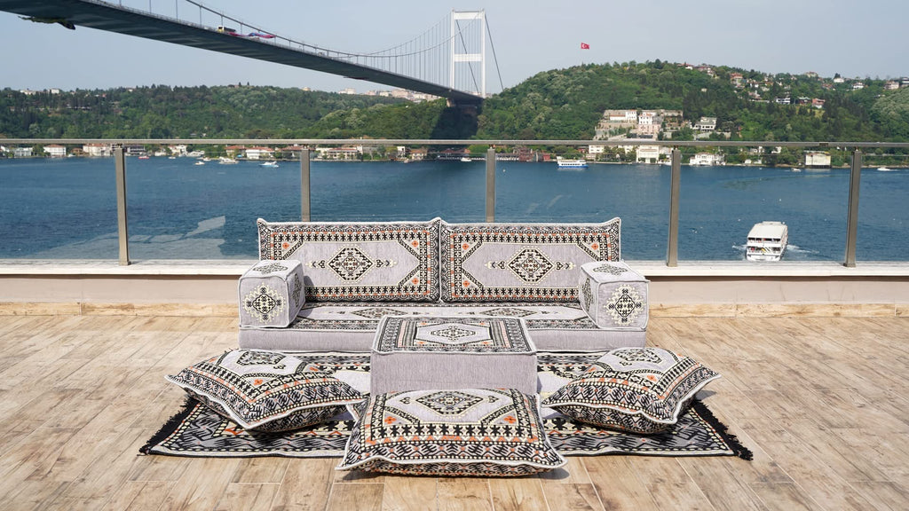 Gray L Shaped Pallet Cushions, Arabic Floor Sofa Set, Oriental Floor Seating, Sectional Floor Cushion, Indoor Floor Pillows, Arabic Majlis Set, Sofa Bed (U Sofa + Rug + Ottoman, 8'' Thickness (20 cm))