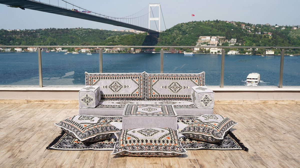 Gray L Shaped Pallet Cushions, Arabic Floor Sofa Set, Oriental Floor Seating, Sectional Floor Cushion, Indoor Floor Pillows, Arabic Majlis Set, Sofa Bed (U Sofa + Rug + Ottoman, 8'' Thickness (20 cm))