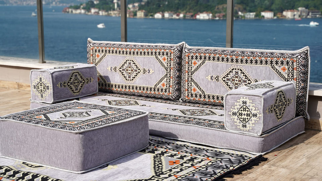 Gray L Shaped Pallet Cushions, Arabic Floor Sofa Set, Oriental Floor Seating, Sectional Floor Cushion, Indoor Floor Pillows, Arabic Majlis Set, Sofa Bed (U Sofa + Rug + Ottoman, 8'' Thickness (20 cm))
