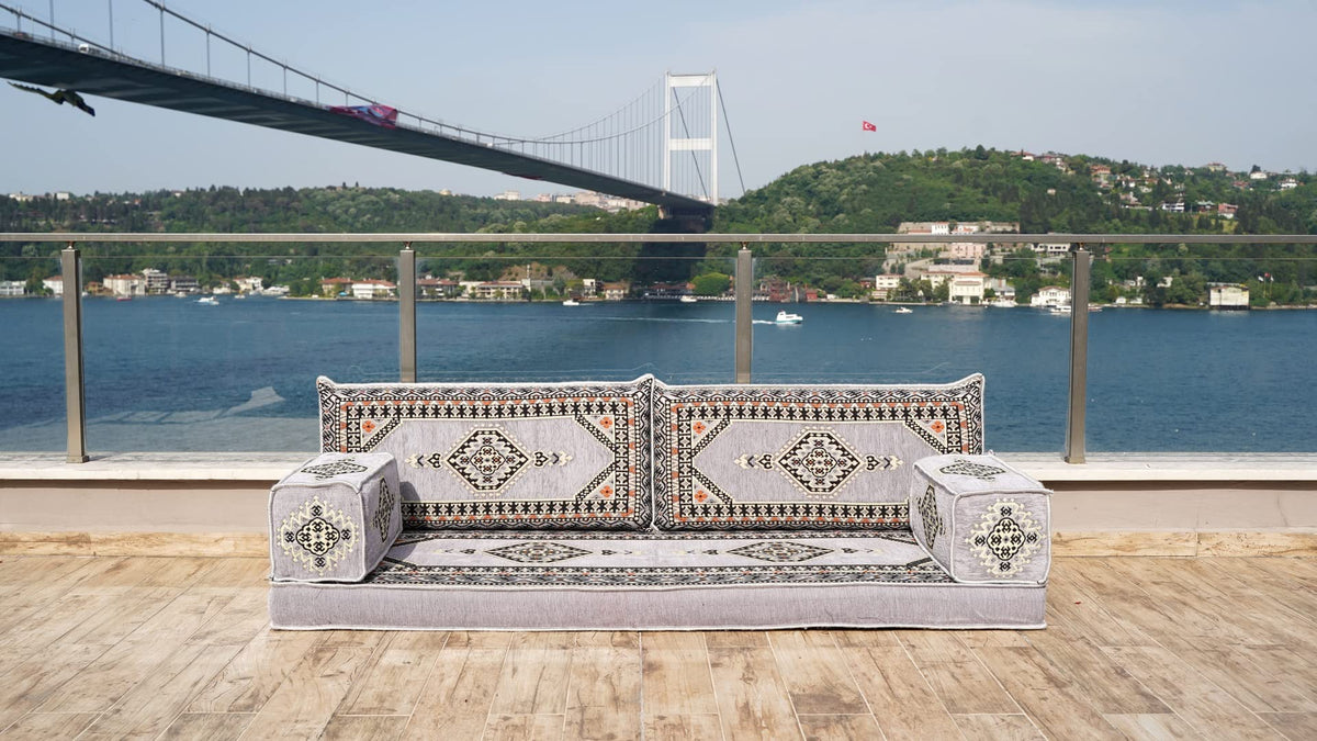 Gray L Shaped Pallet Cushions, Arabic Floor Sofa Set, Oriental Floor Seating, Sectional Floor Cushion, Indoor Floor Pillows, Arabic Majlis Set, Sofa Bed (U Sofa + Rug + Ottoman, 8'' Thickness (20 cm))