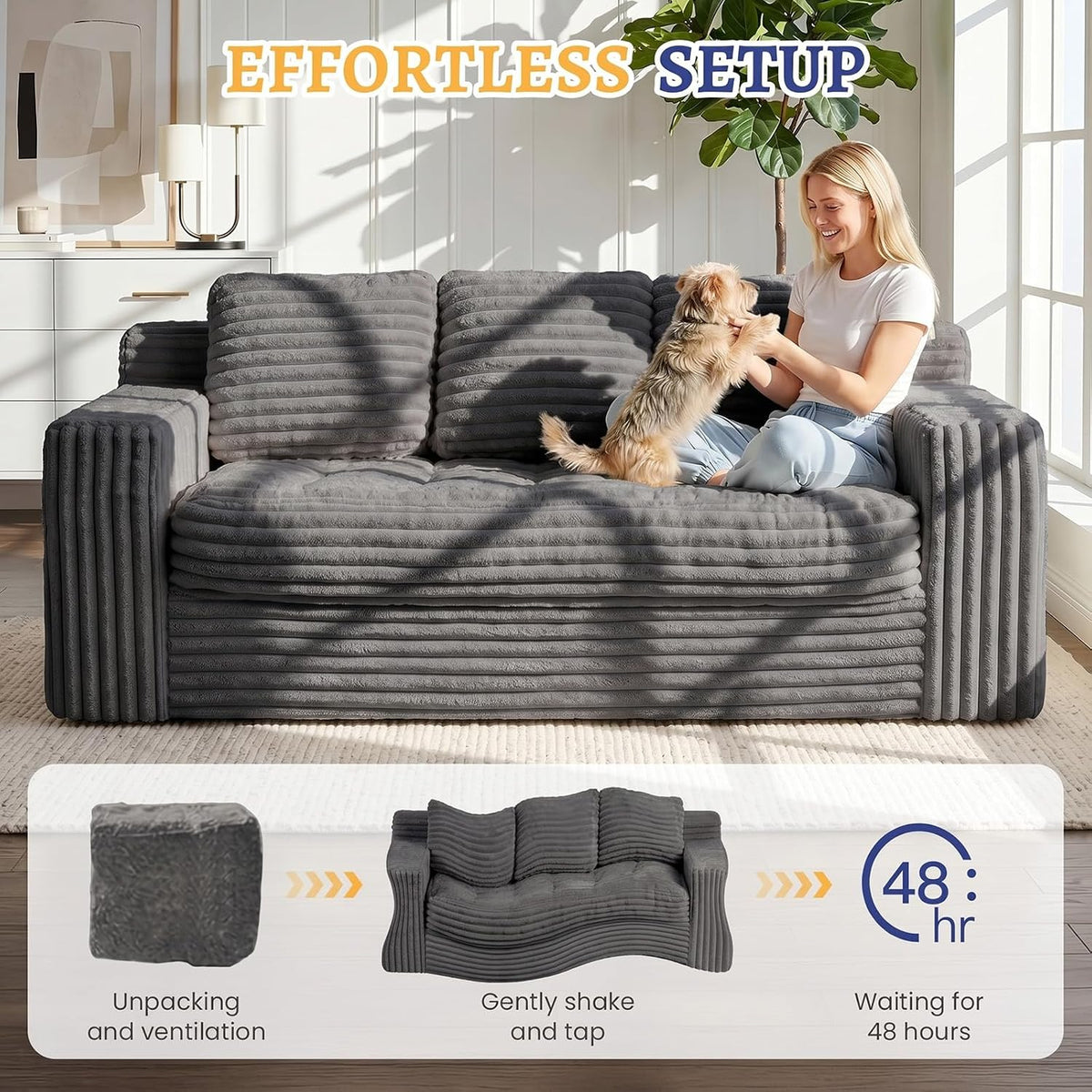 Boneless Couch, Cloud Loveseat Sofa Corduroy Couch in a Box, Upholstered Boneless 3 Seater Couch for Living Room Bedroom Office Apartment