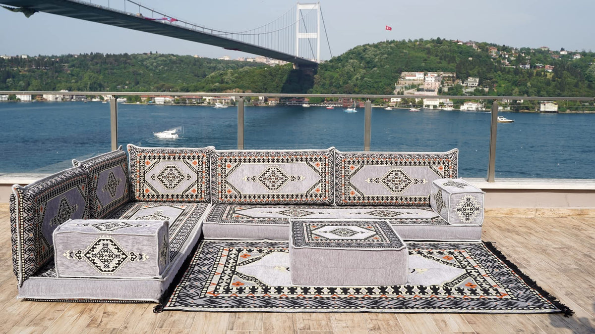 Gray L Shaped Pallet Cushions, Arabic Floor Sofa Set, Oriental Floor Seating, Sectional Floor Cushion, Indoor Floor Pillows, Arabic Majlis Set, Sofa Bed (U Sofa + Rug + Ottoman, 8'' Thickness (20 cm))