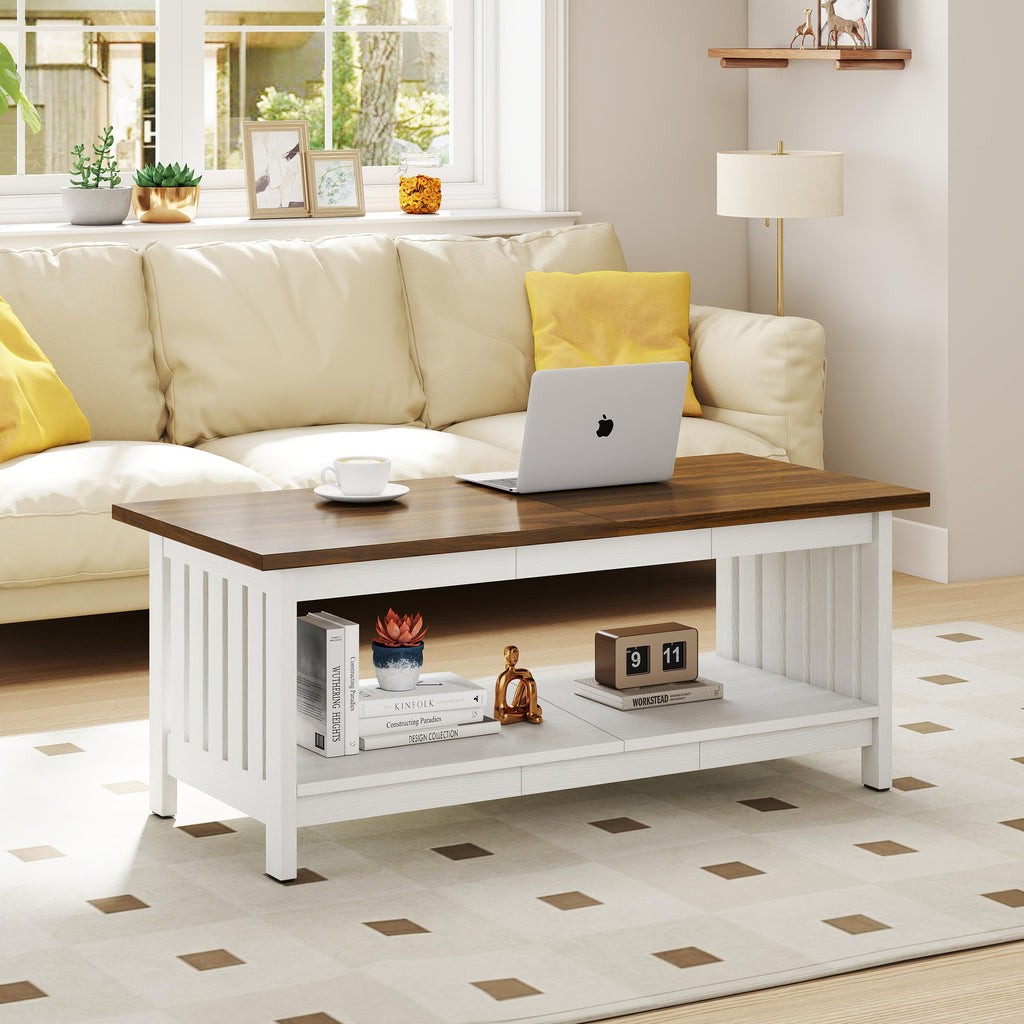 YOSHOOT 47.2" Farmhouse Coffee Table - Coffee Tables for Living Room, Small Coffee Table with Storage, Center Table for Living Room, Bedroom, Office, Black