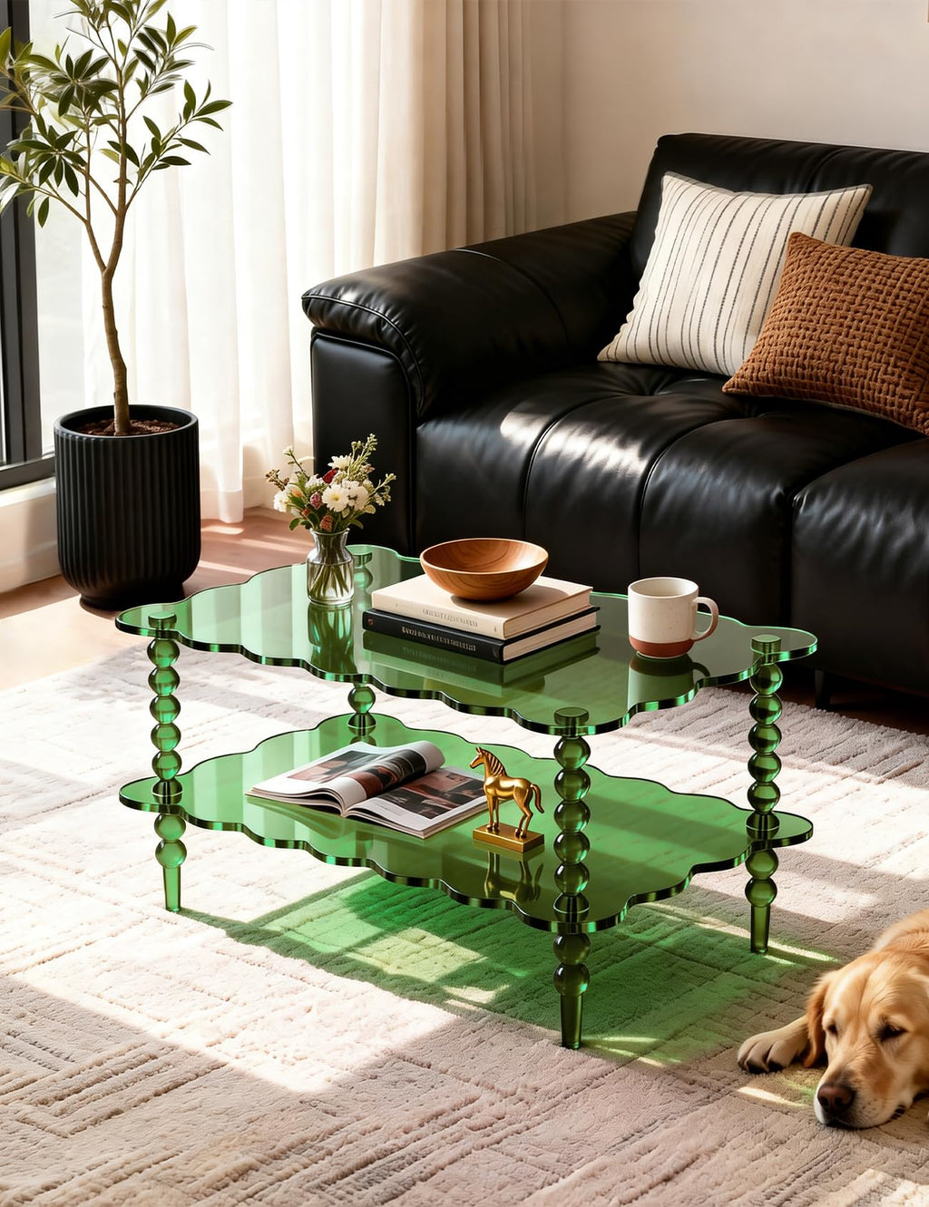 Acrylic Coffee Table, 2-Tier Living Room Table with Storage, Center Table Mid-Modern Century for Living Room, Easy to Assemble (Green, 37.8âÃ23.6âÃ15.7â)