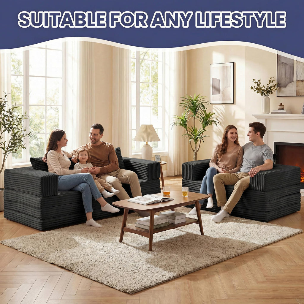 Convertible Sofa Bed, 4-in-1 Boneless Loveseat with Removable Armrests Backrest, Corduroy Futon Couch Bed with Pillow, Foldable Mattress Sleeper Sofa for Living Room Bedroom Small Place (Beige)