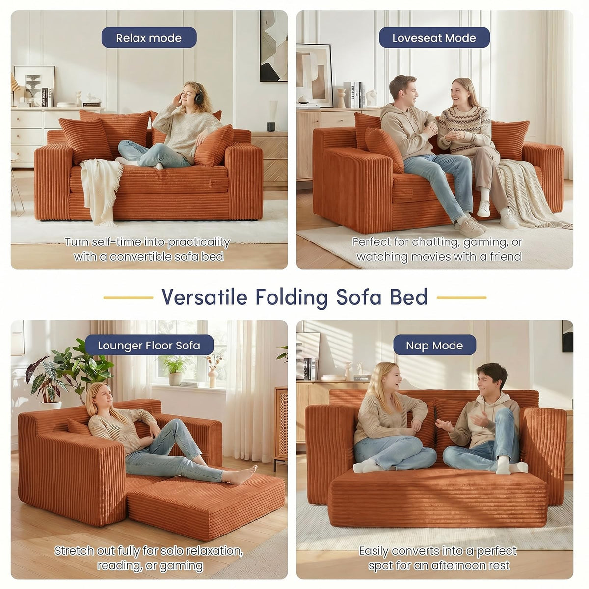 cidludto Convertible Sofa Bed, 3 in 1 Loveseat Folding Couch Bed Foldable - Chaise Lounge Chair & Floor Futon Sofa, Corduroy Pull Out Sofa Bed with 4 Pillows for Living Room, Beige