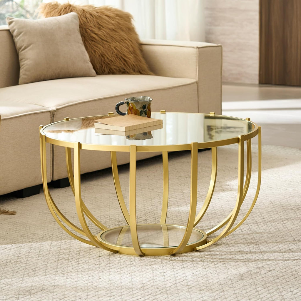Saint Mossi Gold Round Coffee Table with Clear Glass Top and Glass Shelf