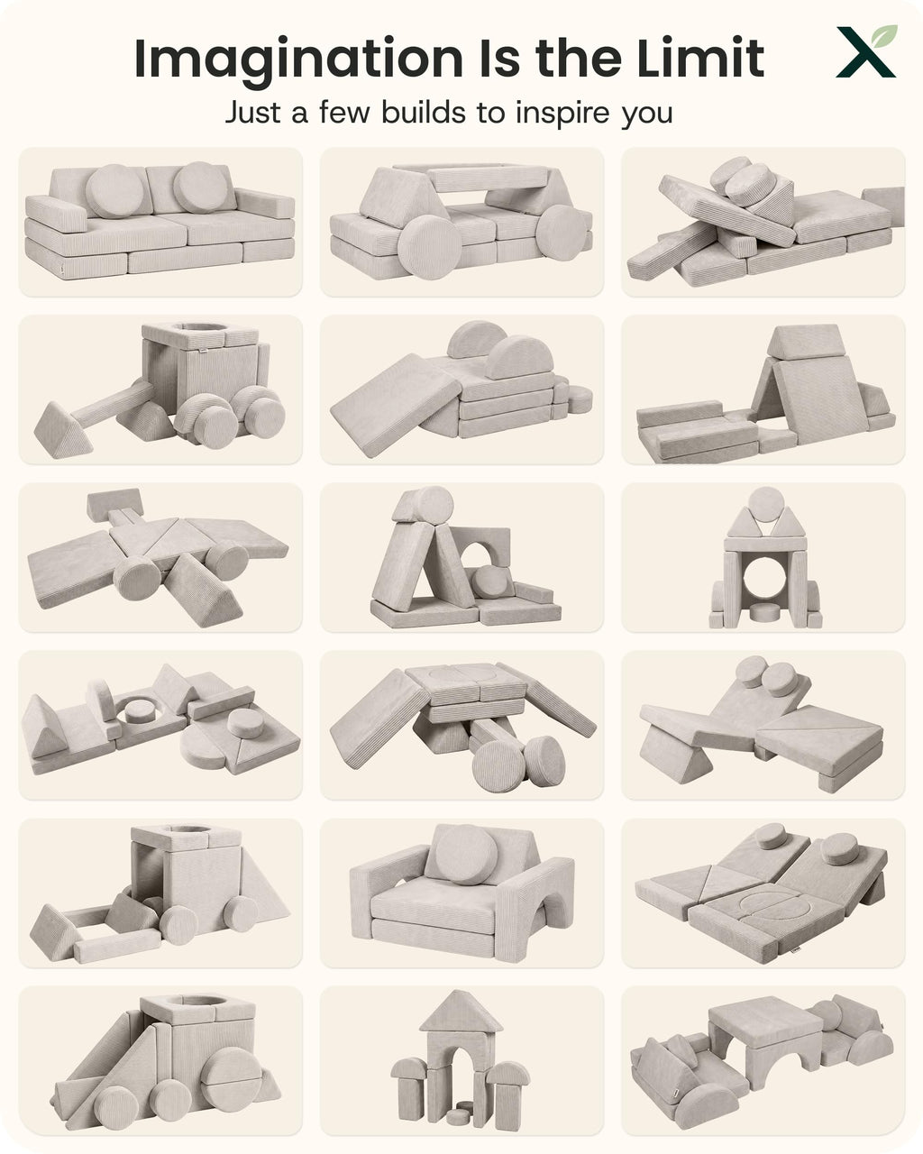 Lunix Modular Kids Play Couch, 14-Piece Fort Building & Climbing Foam Set