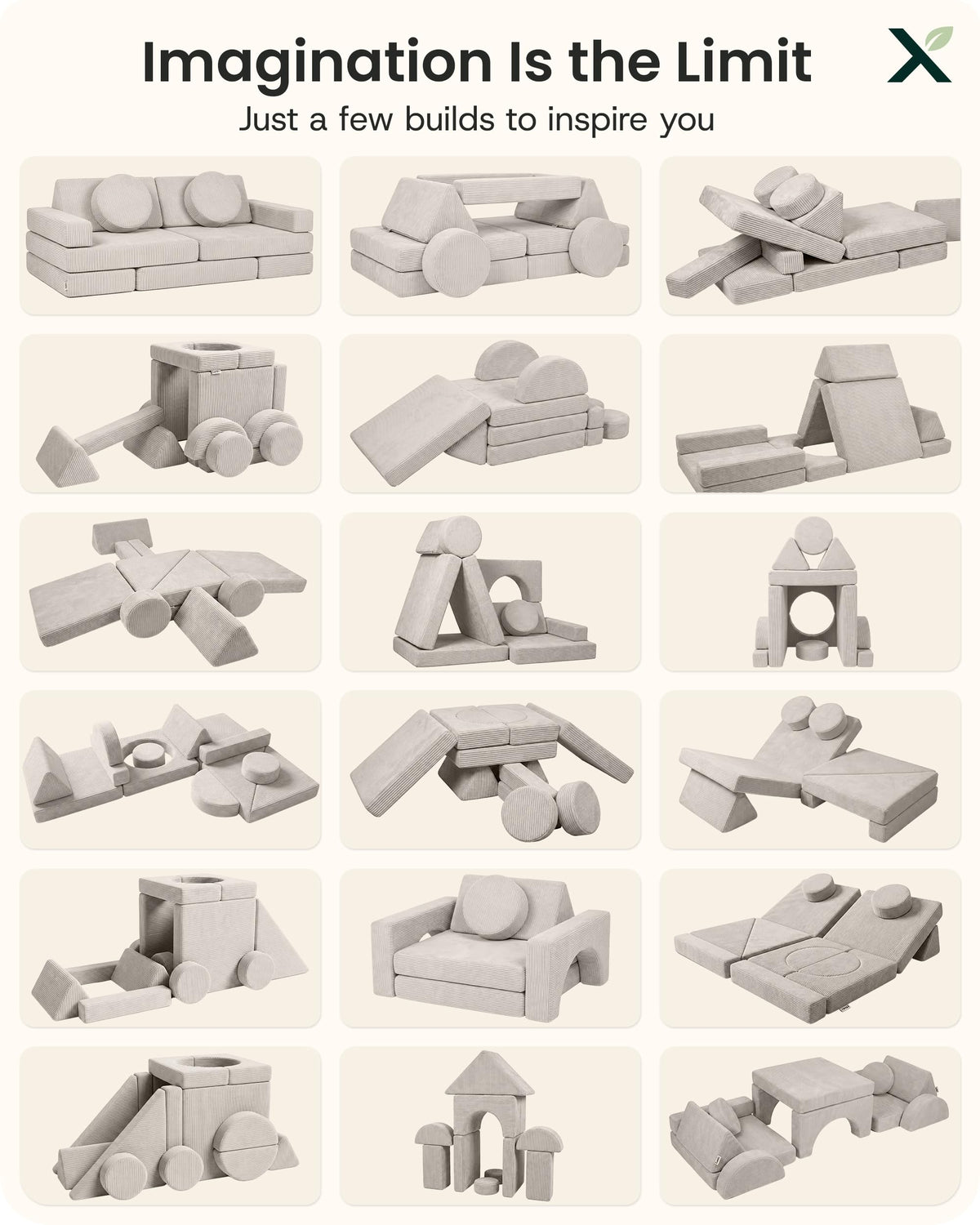 Lunix Modular Kids Play Couch, 14-Piece Fort Building & Climbing Foam Set